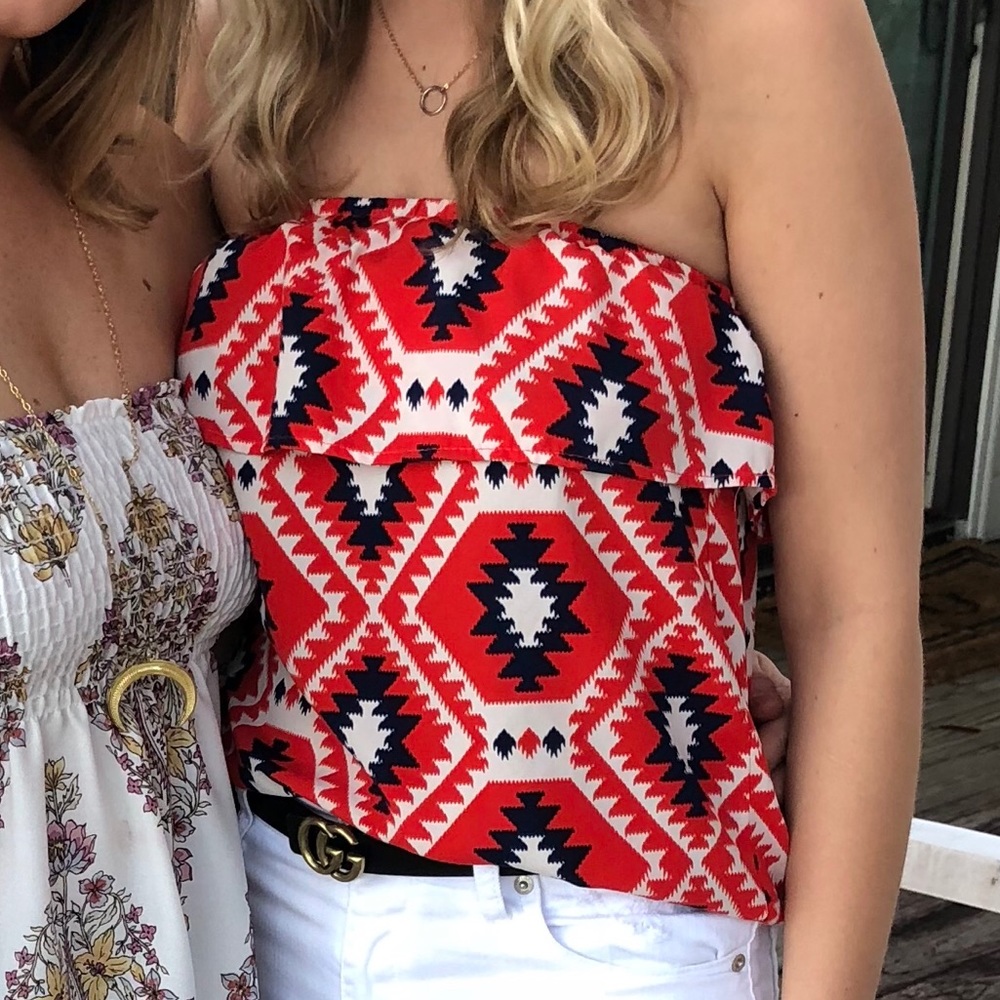 Navy and Red Patterned Strapless Flounce Top